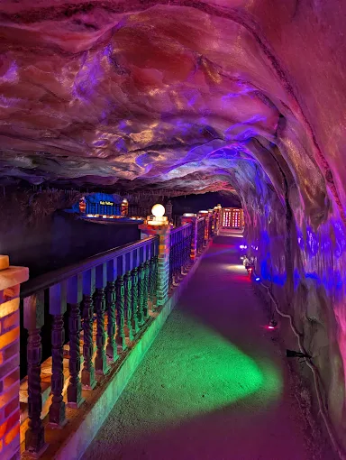 Illuminated salt chamber inside Khewra Salt Mine